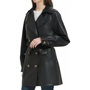 🆕 Women Black Faux Leather Long Jacket Double Breasted Spring Fall Trench Coat